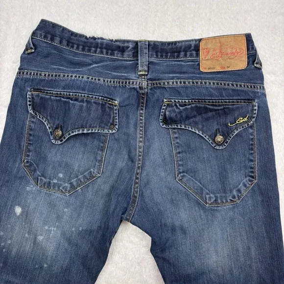 Ed Hardy Jeans Mens 36x32 Blue Distressed Splatter Straight Flap Pockets Whisker - Picture 6 of 16